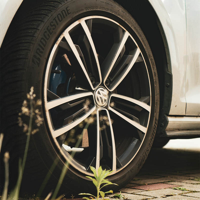 A close up of a VW tyre
